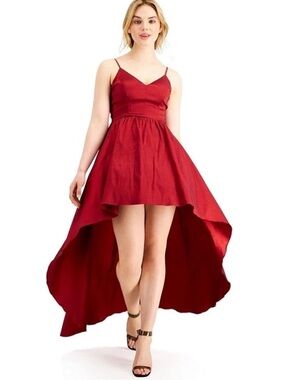 B Darlin Elegant Juniors' burgundy red satin dramatic High-Low V-neck Dress